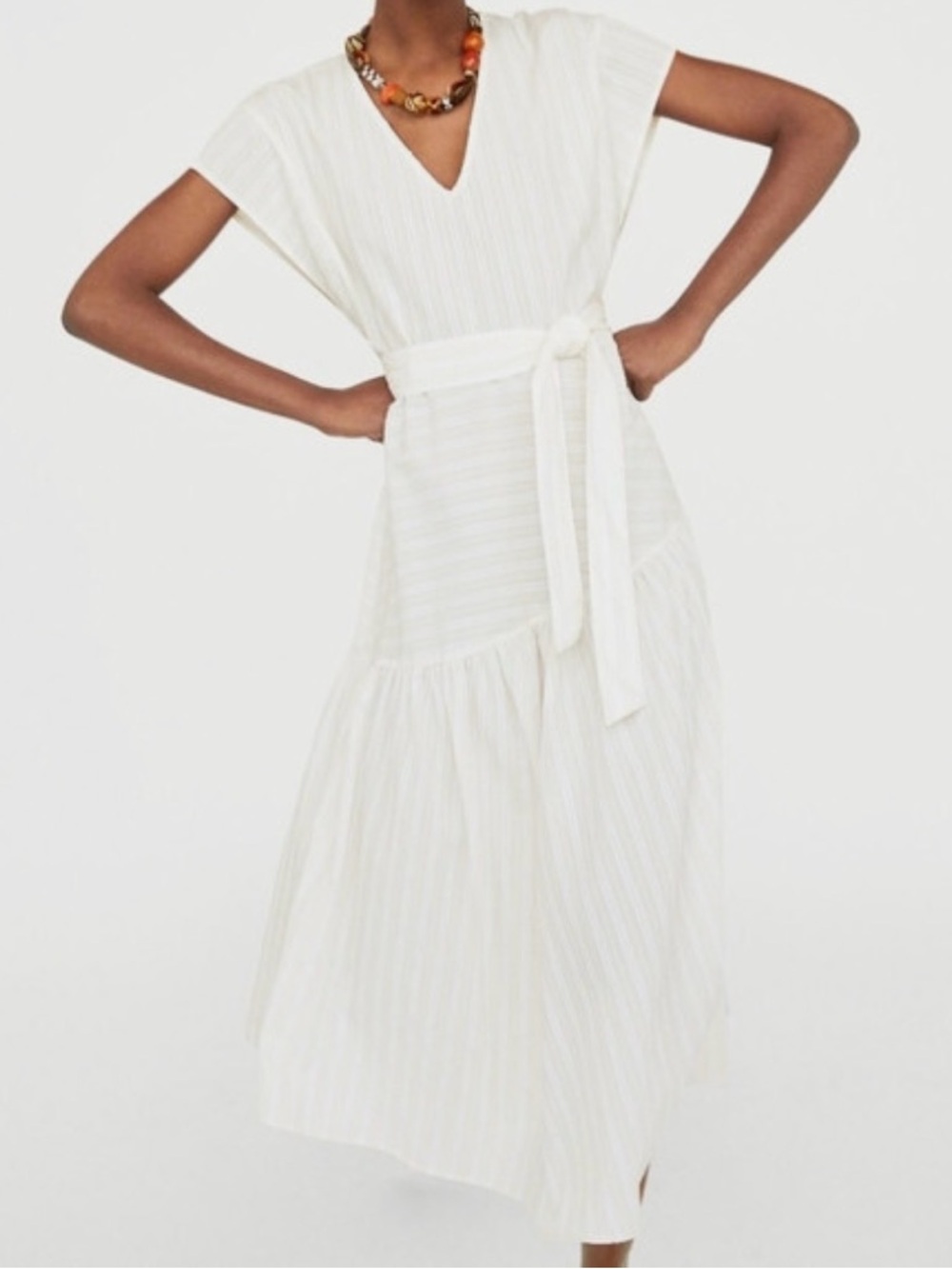Zara Cream V-Neck Tie Waist Midi Dress, Size L